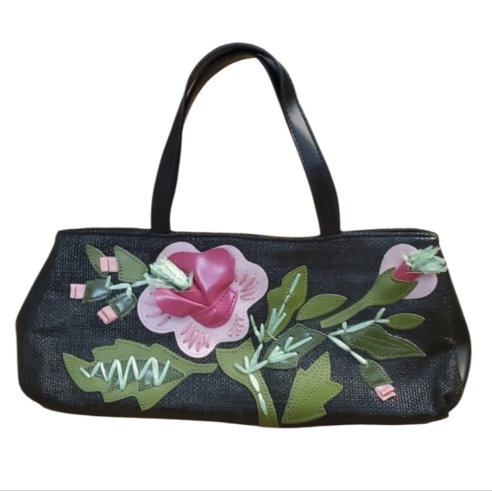Vintage Braccialini‎ Black Woven Purse with Applique Flowers